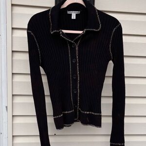 Autumn Cashmere Ladies Black Ribbed Cashmere Whipstitch Sweater-S